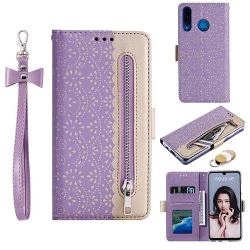 Luxury Lace Zipper Stitching Leather Phone Wallet Case for Huawei P30 Lite - Purple