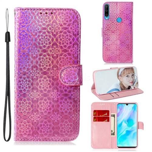 Laser Circle Shining Leather Wallet Phone Case for Huawei P30 Lite - Pink