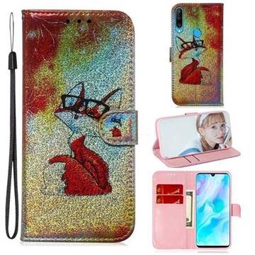 Glasses Fox Laser Shining Leather Wallet Phone Case for Huawei P30 Lite