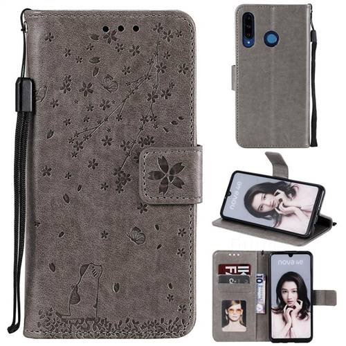 Embossing Cherry Blossom Cat Leather Wallet Case for Huawei P30 Lite - Gray