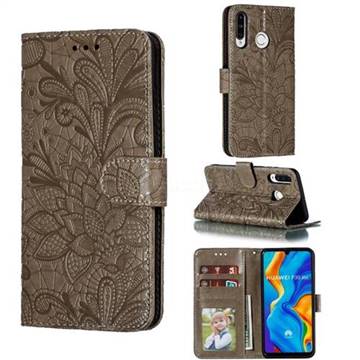 Intricate Embossing Lace Jasmine Flower Leather Wallet Case for Huawei P30 Lite - Gray
