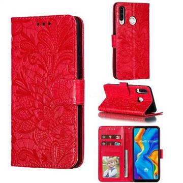Intricate Embossing Lace Jasmine Flower Leather Wallet Case for Huawei P30 Lite - Red