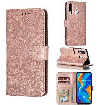 Intricate Embossing Lace Jasmine Flower Leather Wallet Case for Huawei P30 Lite - Rose Gold