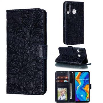 Intricate Embossing Lace Jasmine Flower Leather Wallet Case for Huawei P30 Lite - Dark Blue