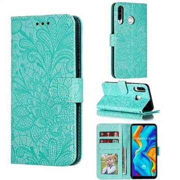 Intricate Embossing Lace Jasmine Flower Leather Wallet Case for Huawei P30 Lite - Green