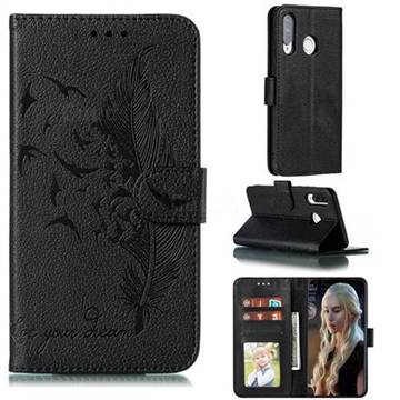Intricate Embossing Lychee Feather Bird Leather Wallet Case for Huawei P30 Lite - Black