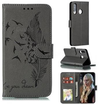 Intricate Embossing Lychee Feather Bird Leather Wallet Case for Huawei P30 Lite - Gray