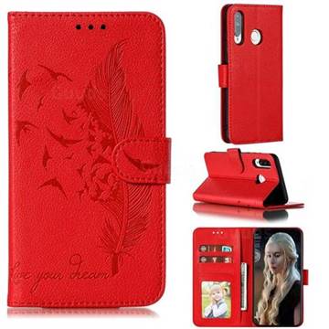Intricate Embossing Lychee Feather Bird Leather Wallet Case for Huawei P30 Lite - Red