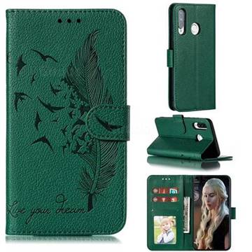 Intricate Embossing Lychee Feather Bird Leather Wallet Case for Huawei P30 Lite - Green
