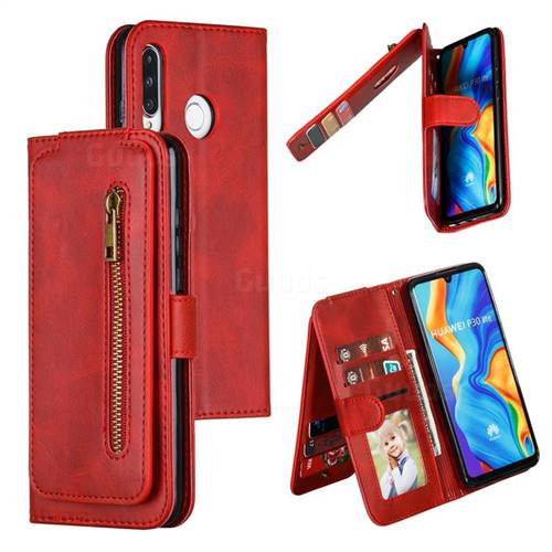 Multifunction 9 Cards Leather Zipper Wallet Phone Case for Huawei P30 Lite - Red