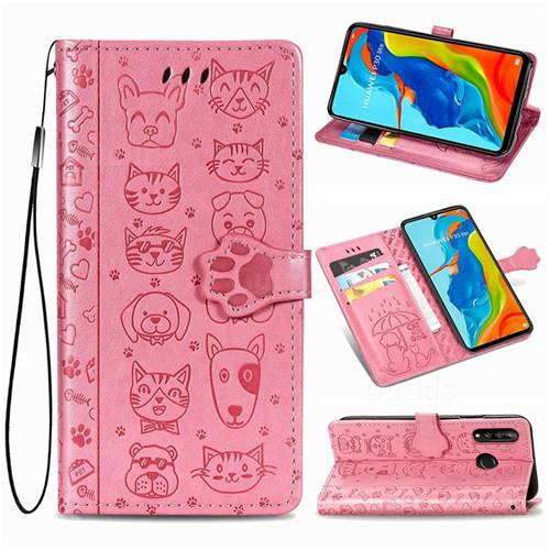 Embossing Dog Paw Kitten and Puppy Leather Wallet Case for Huawei P30 Lite - Pink