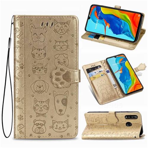 Embossing Dog Paw Kitten and Puppy Leather Wallet Case for Huawei P30 Lite - Champagne Gold
