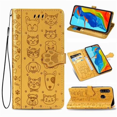 Embossing Dog Paw Kitten and Puppy Leather Wallet Case for Huawei P30 Lite - Yellow