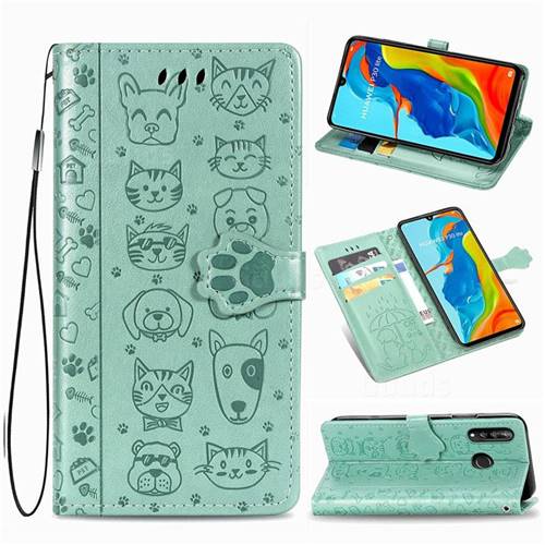 Embossing Dog Paw Kitten and Puppy Leather Wallet Case for Huawei P30 Lite - Green