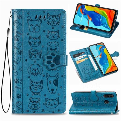 Embossing Dog Paw Kitten and Puppy Leather Wallet Case for Huawei P30 Lite - Blue