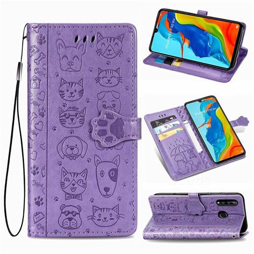 Embossing Dog Paw Kitten and Puppy Leather Wallet Case for Huawei P30 Lite - Purple
