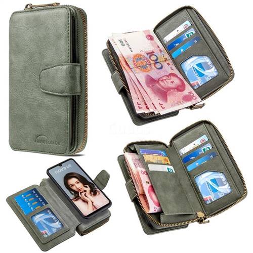 Binfen Color Retro Buckle Zipper Multifunction Leather Phone Wallet for Huawei P30 Lite - Celadon