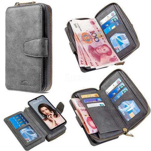 Binfen Color Retro Buckle Zipper Multifunction Leather Phone Wallet for Huawei P30 Lite - Gray