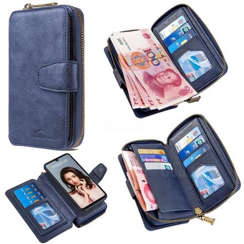 Binfen Color Retro Buckle Zipper Multifunction Leather Phone Wallet for Huawei P30 Lite - Blue