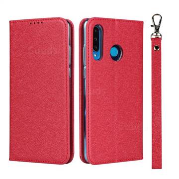 Ultra Slim Magnetic Automatic Suction Silk Lanyard Leather Flip Cover for Huawei P30 Lite - Red