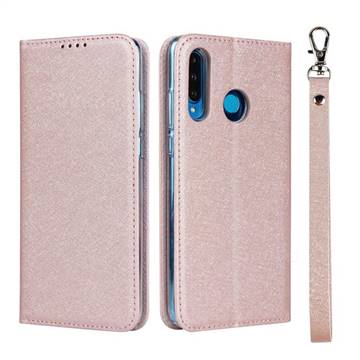 Ultra Slim Magnetic Automatic Suction Silk Lanyard Leather Flip Cover for Huawei P30 Lite - Rose Gold