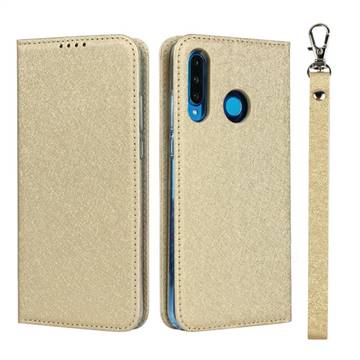 Ultra Slim Magnetic Automatic Suction Silk Lanyard Leather Flip Cover for Huawei P30 Lite - Golden