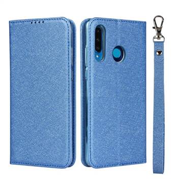 Ultra Slim Magnetic Automatic Suction Silk Lanyard Leather Flip Cover for Huawei P30 Lite - Sky Blue