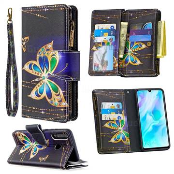 Golden Shining Butterfly Binfen Color BF03 Retro Zipper Leather Wallet Phone Case for Huawei P30 Lite