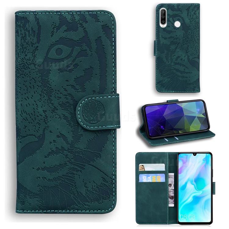 Intricate Embossing Tiger Face Leather Wallet Case for Huawei P30 Lite - Green
