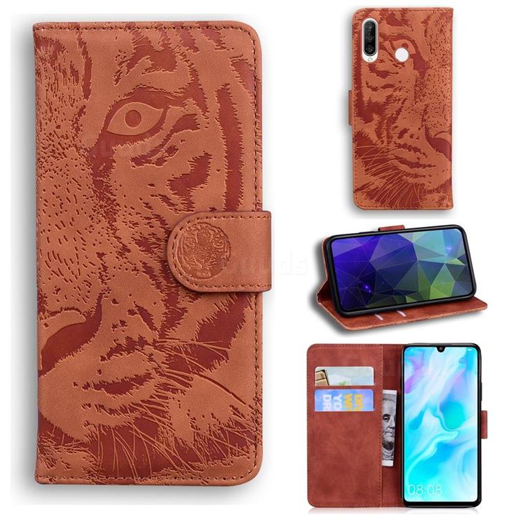 Intricate Embossing Tiger Face Leather Wallet Case for Huawei P30 Lite - Brown