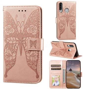 Intricate Embossing Rose Flower Butterfly Leather Wallet Case for Huawei P30 Lite - Rose Gold