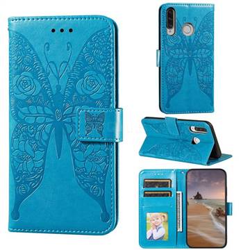 Intricate Embossing Rose Flower Butterfly Leather Wallet Case for Huawei P30 Lite - Blue