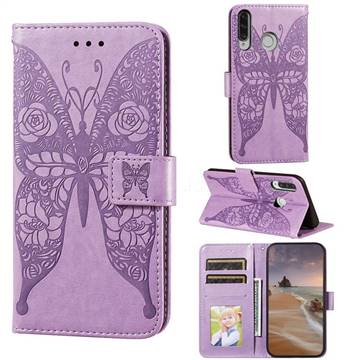 Intricate Embossing Rose Flower Butterfly Leather Wallet Case for Huawei P30 Lite - Purple