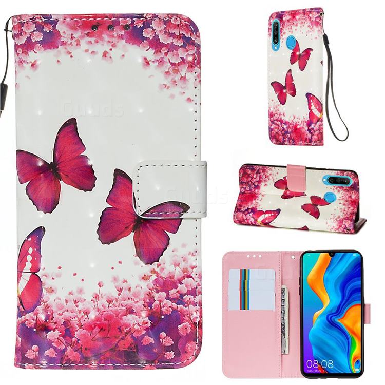 Rose Butterfly 3D Painted Leather Wallet Case for Huawei P30 Lite