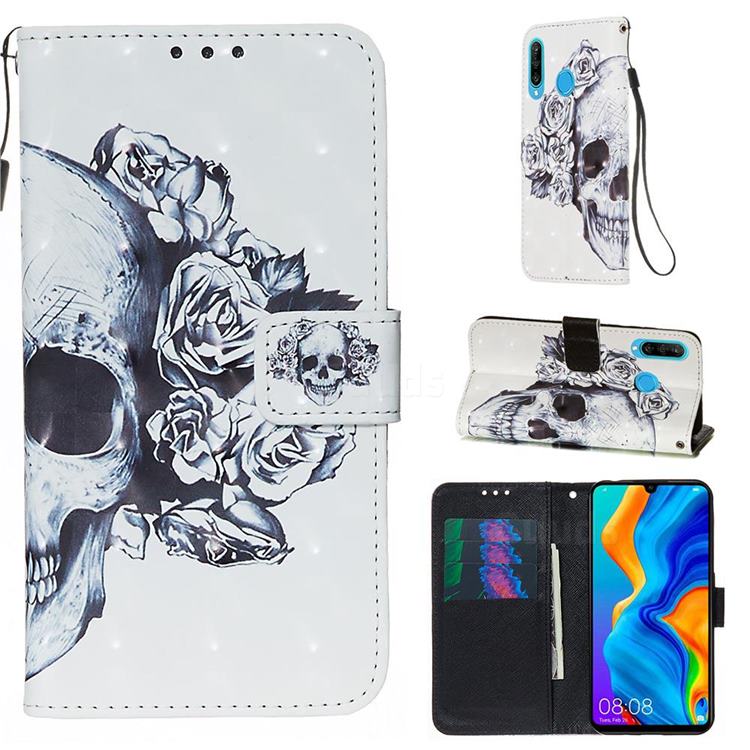 Skull Flower 3D Painted Leather Wallet Case for Huawei P30 Lite