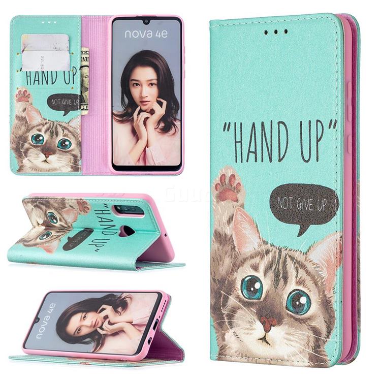Hand Up Cat Slim Magnetic Attraction Wallet Flip Cover for Huawei P30 Lite