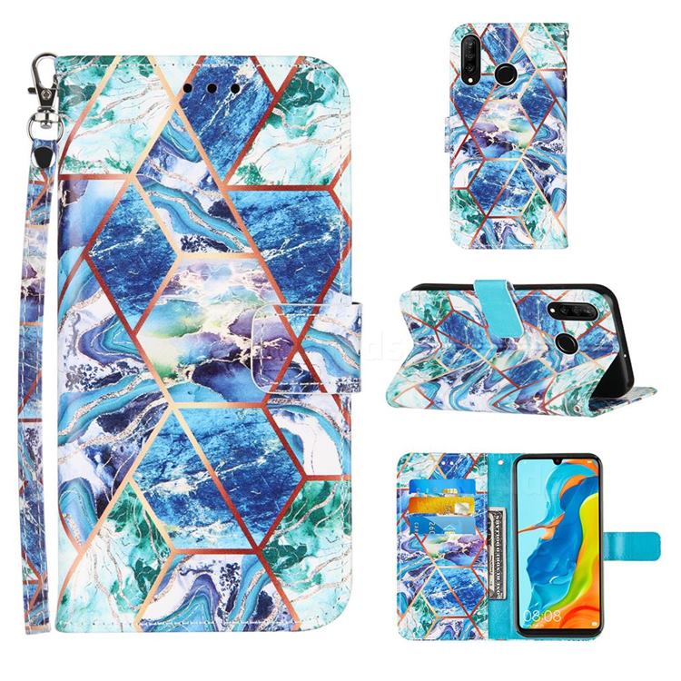 Green and Blue Stitching Color Marble Leather Wallet Case for Huawei P30 Lite
