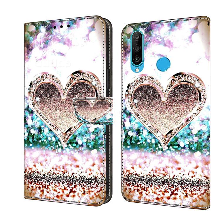 Pink Diamond Heart Crystal PU Leather Protective Wallet Case Cover for Huawei P30 Lite