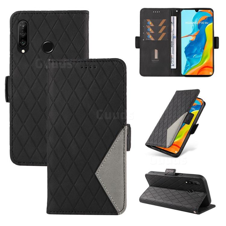 Grid Pattern Splicing Protective Wallet Case Cover for Huawei P30 Lite - Black