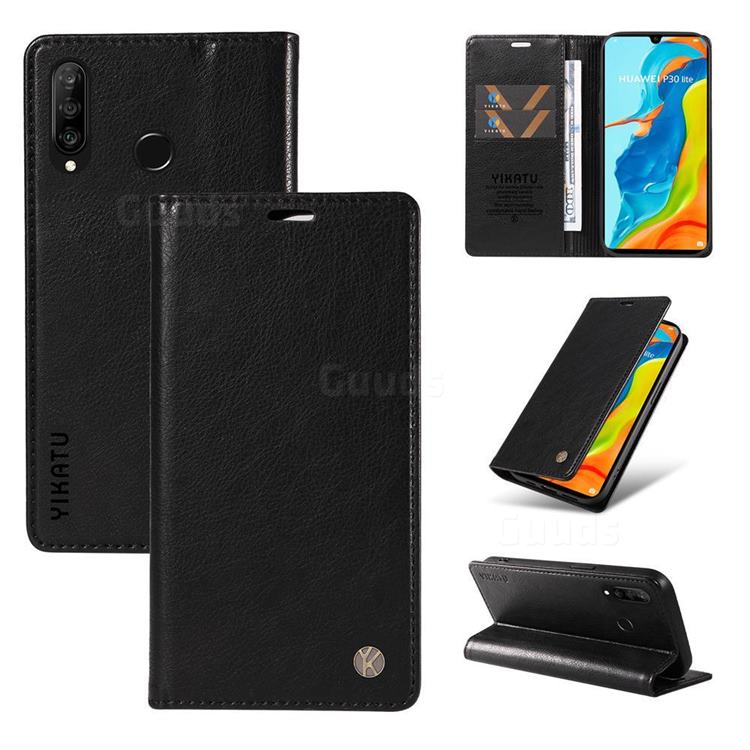 YIKATU Litchi Card Magnetic Automatic Suction Leather Flip Cover for Huawei P30 Lite - Black