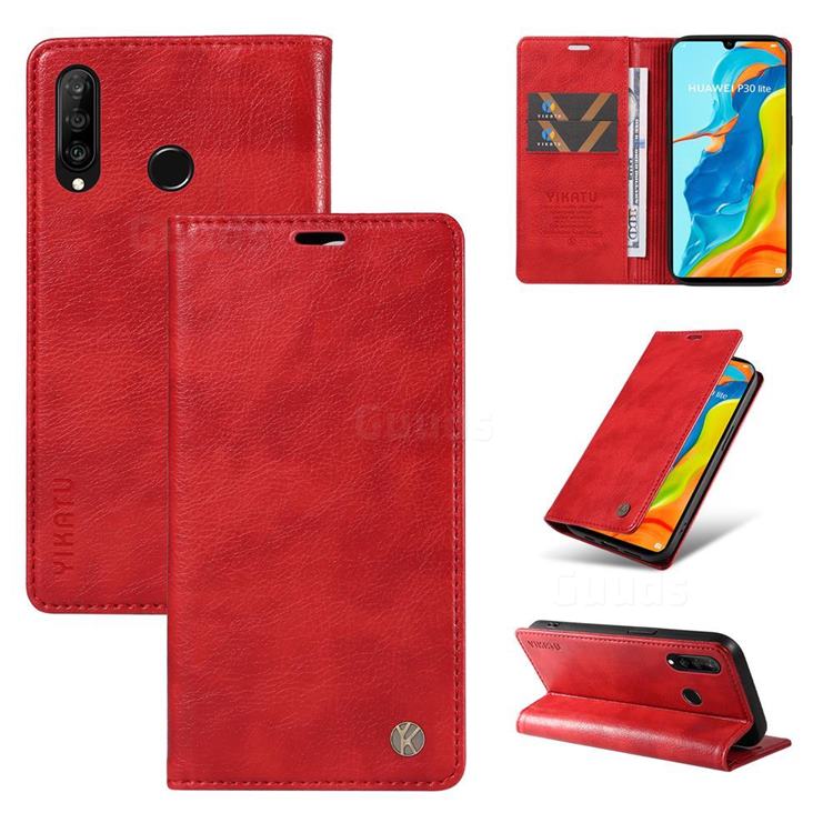 YIKATU Litchi Card Magnetic Automatic Suction Leather Flip Cover for Huawei P30 Lite - Bright Red