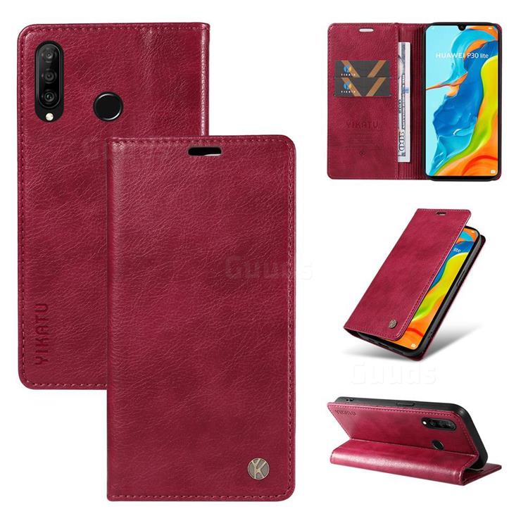 YIKATU Litchi Card Magnetic Automatic Suction Leather Flip Cover for Huawei P30 Lite - Wine Red