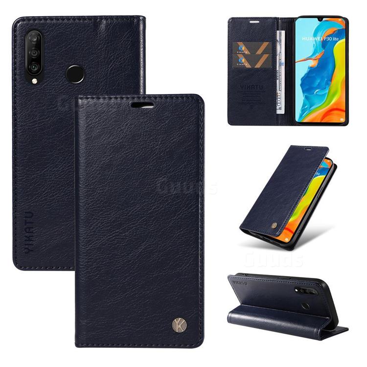 YIKATU Litchi Card Magnetic Automatic Suction Leather Flip Cover for Huawei P30 Lite - Navy Blue
