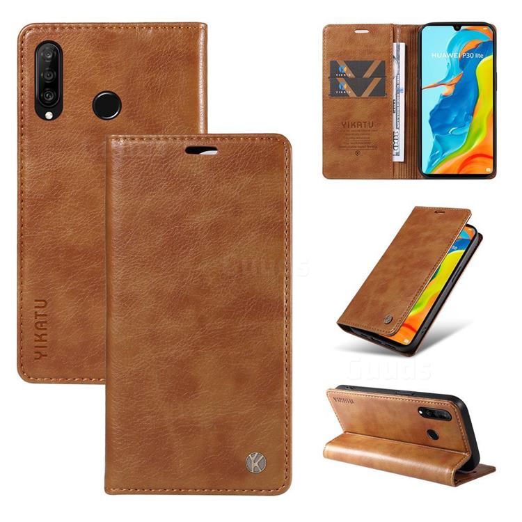 YIKATU Litchi Card Magnetic Automatic Suction Leather Flip Cover for Huawei P30 Lite - Brown