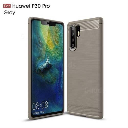 Luxury Carbon Fiber Brushed Wire Drawing Silicone TPU Back Cover for Huawei P30 Pro - Gray