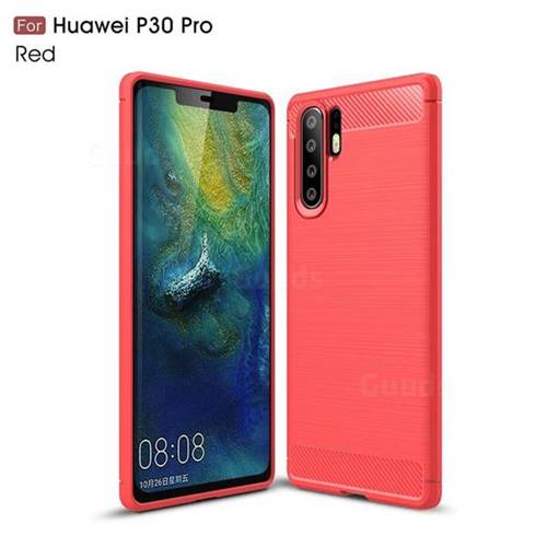 Luxury Carbon Fiber Brushed Wire Drawing Silicone TPU Back Cover for Huawei P30 Pro - Red