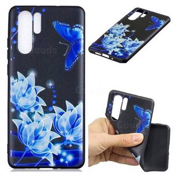 Blue Butterfly 3D Embossed Relief Black TPU Cell Phone Back Cover for Huawei P30 Pro