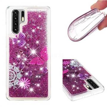 Purple Flower Butterfly Dynamic Liquid Glitter Quicksand Soft TPU Case for Huawei P30 Pro