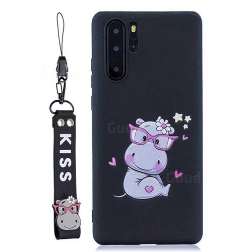 Black Flower Hippo Soft Kiss Candy Hand Strap Silicone Case for Huawei P30 Pro