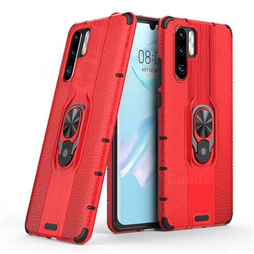 Alita Battle Angel Armor Metal Ring Grip Shockproof Dual Layer Rugged Hard Cover for Huawei P30 Pro - Red